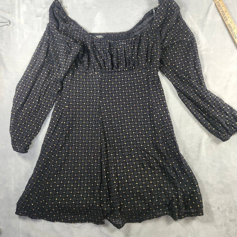 Lily Rose Black Gold Polka Dot Whimsigoth Peasant Babydoll Dress XL Long Sleeve